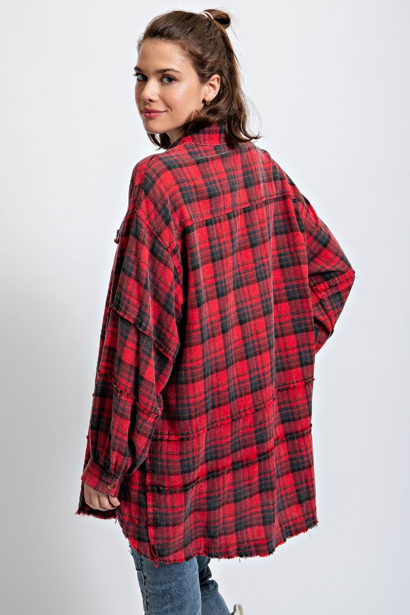Easel Plus Mineral Washed Plaid Button Down Front Shirt Tops