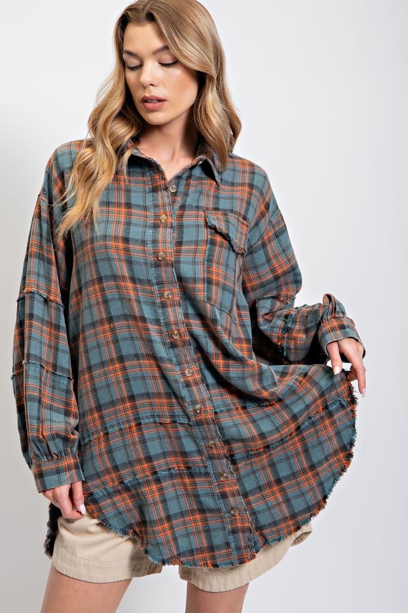 Easel Plus Mineral Washed Plaid Button Down Front Shirt Tops
