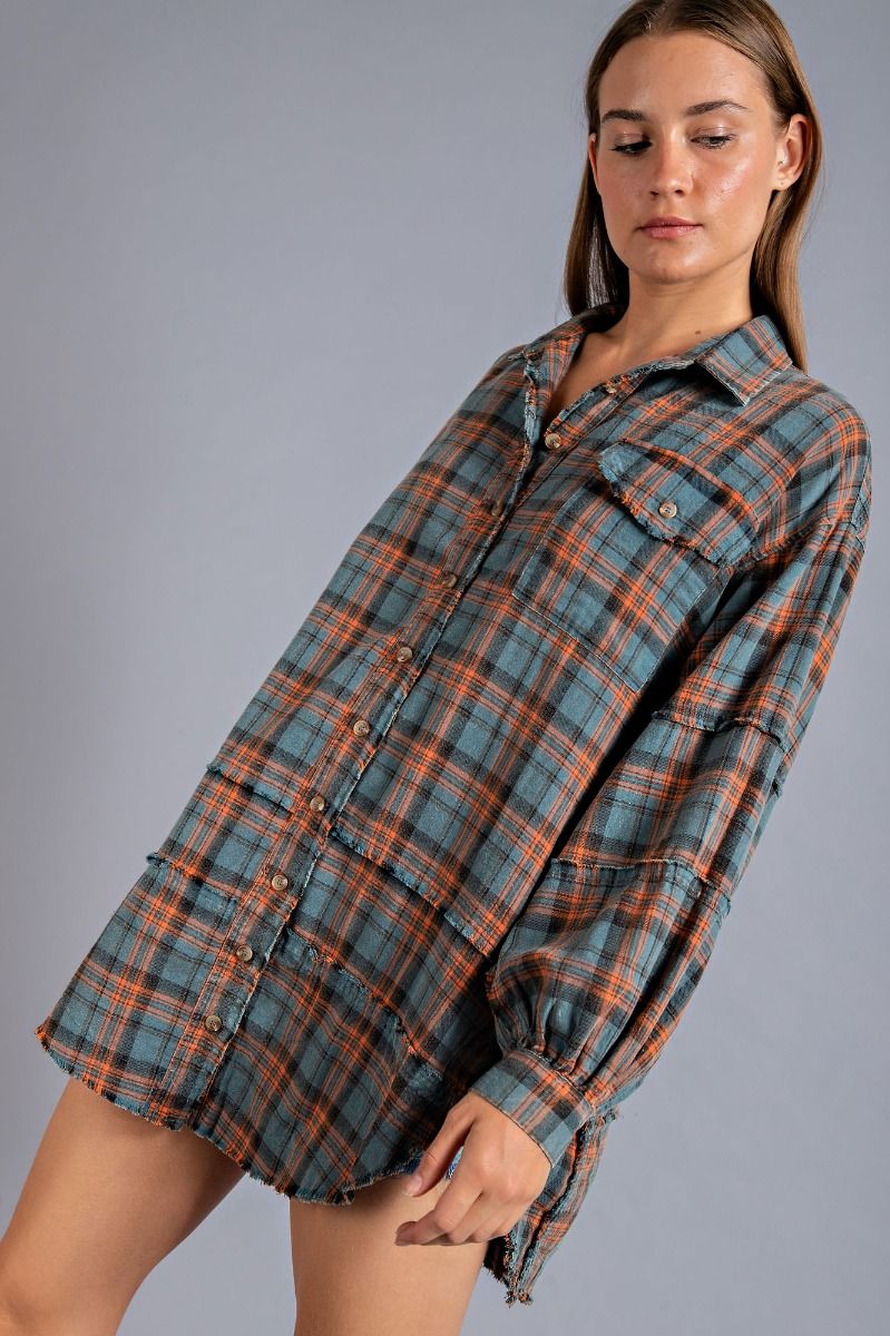 Easel Plus Mineral Washed Plaid Button Down Front Shirt Tops