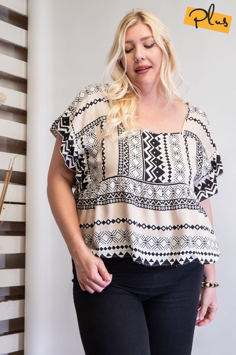 Easel Plus On The List Printed Square Neck Babydoll Tops