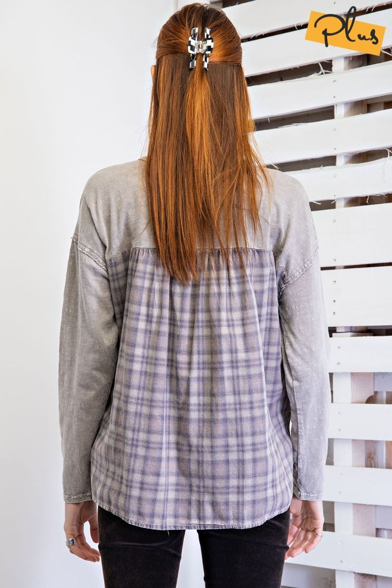 Easel Plus Plaid Printed Cotton Slub Mineral Washed Tops