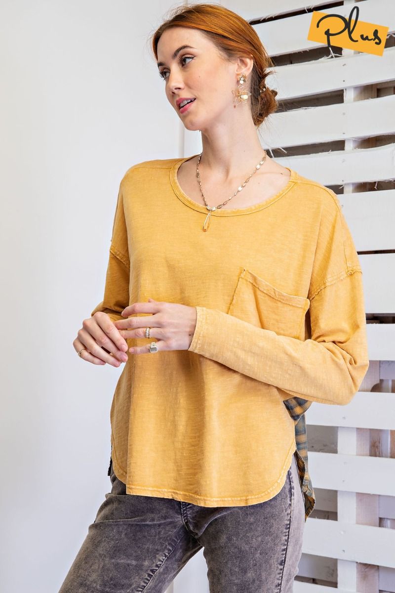 Easel Plus Plaid Printed Cotton Slub Mineral Washed Tops