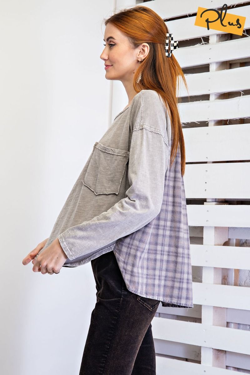 Easel Plus Plaid Printed Cotton Slub Mineral Washed Tops