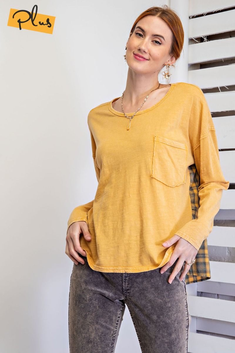 Easel Plus Plaid Printed Cotton Slub Mineral Washed Tops