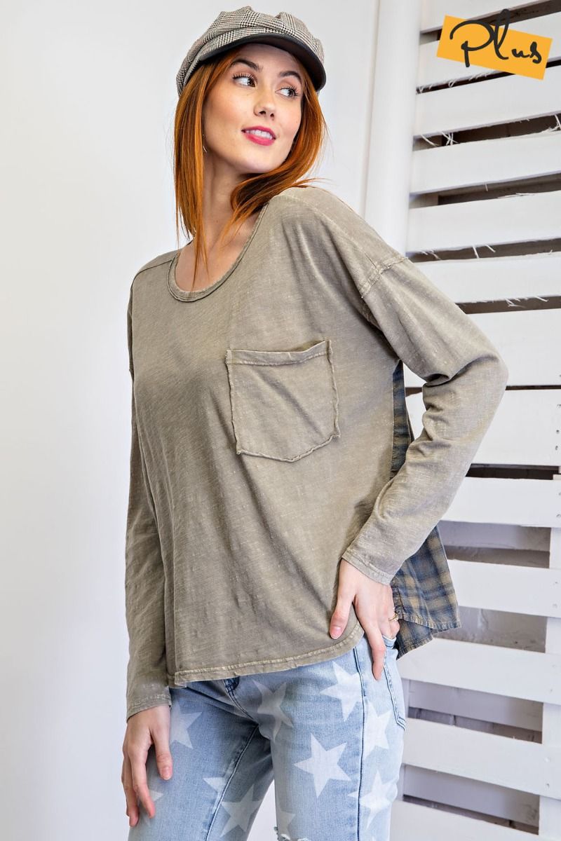 Easel Plus Plaid Printed Cotton Slub Mineral Washed Tops