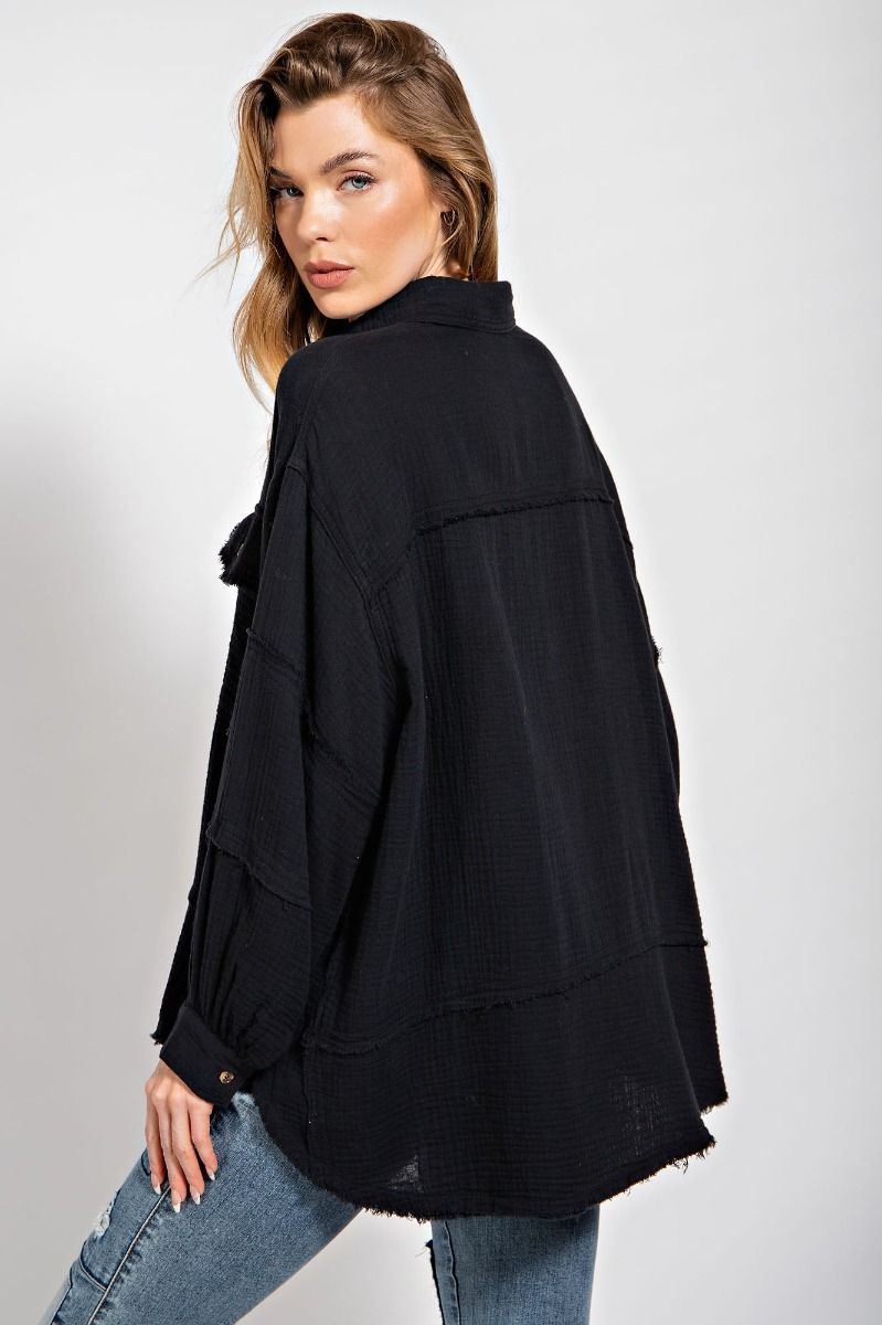 Easel Plus Cotton Gauze Loose Fit Raw Hemline Shirt Tops