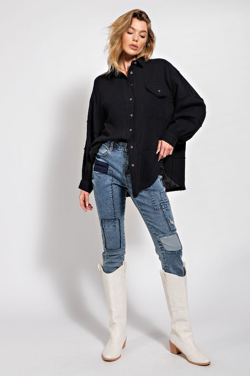 Easel Plus Cotton Gauze Loose Fit Raw Hemline Shirt Tops