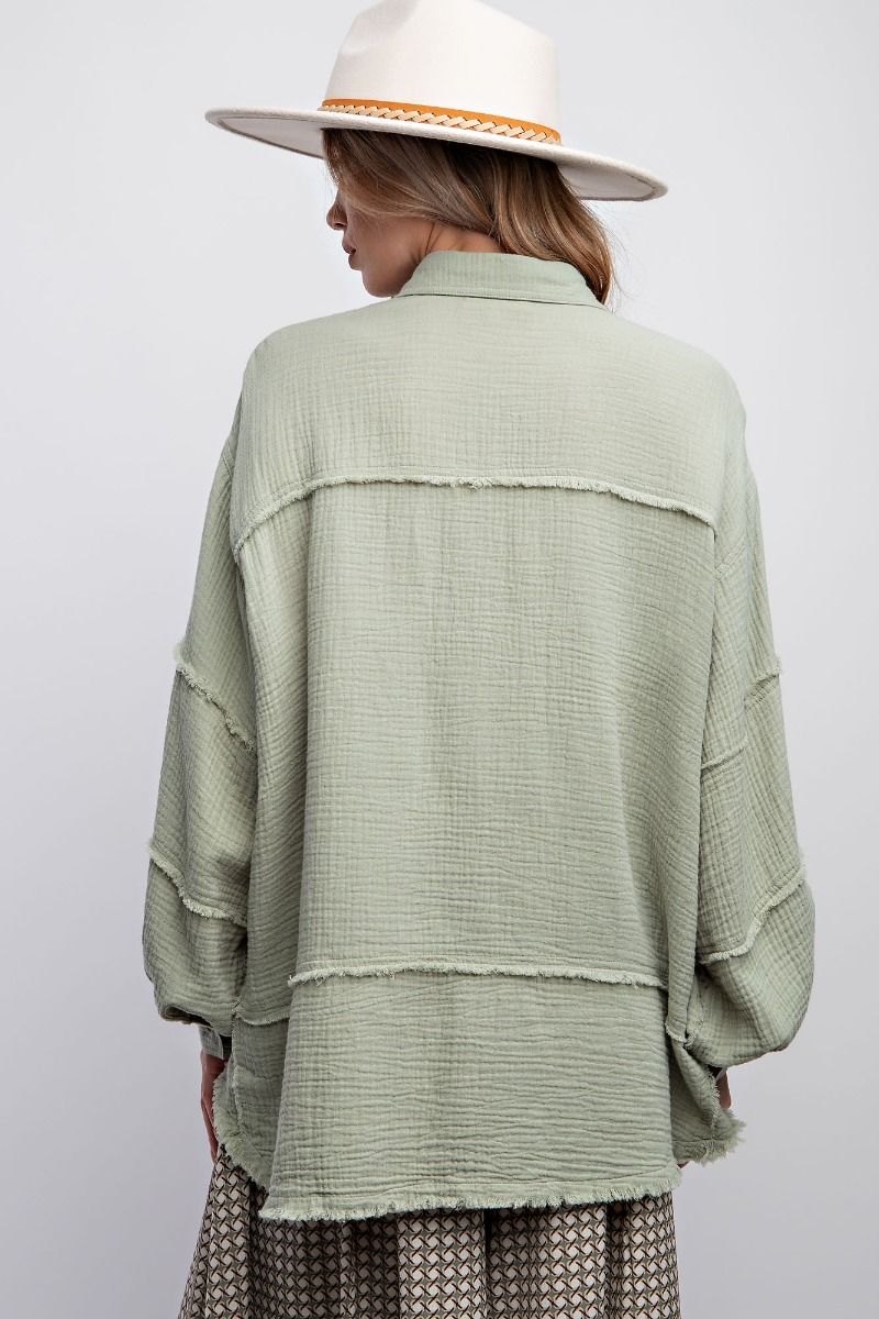 Easel Plus Cotton Gauze Loose Fit Raw Hemline Shirt Tops