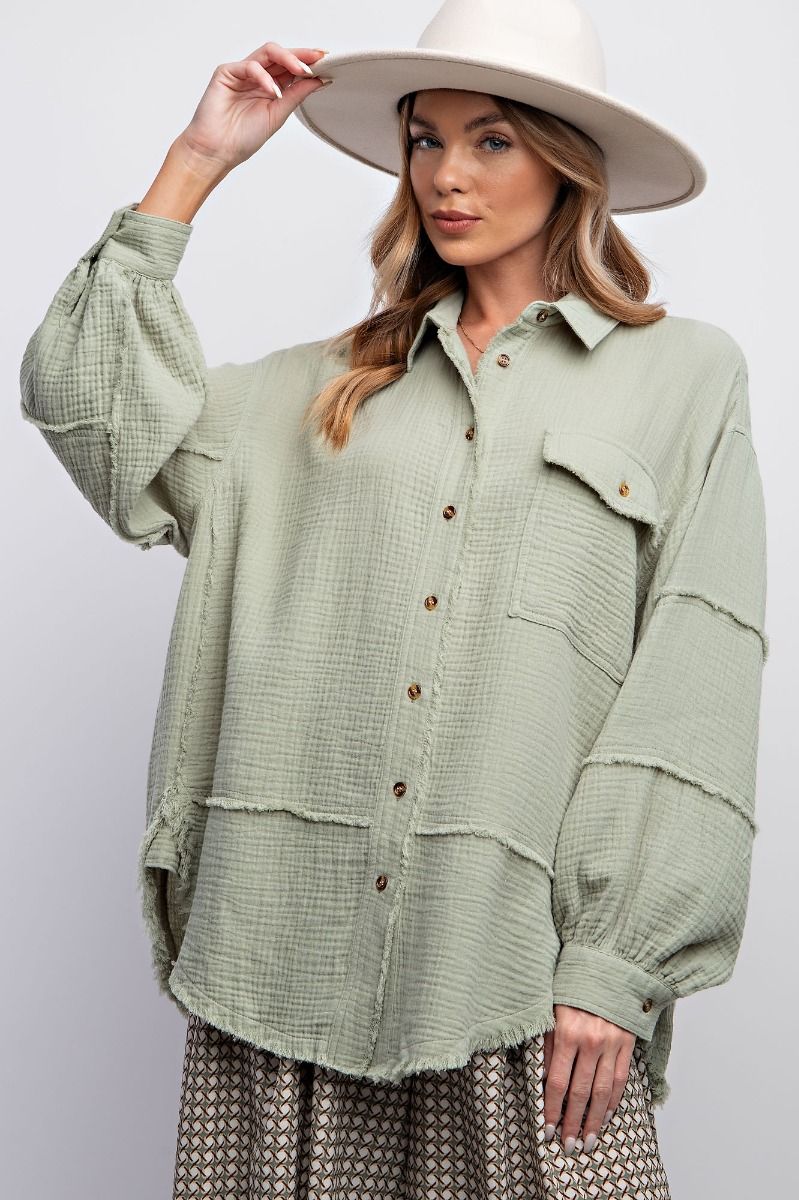 Easel Plus Cotton Gauze Loose Fit Raw Hemline Shirt Tops