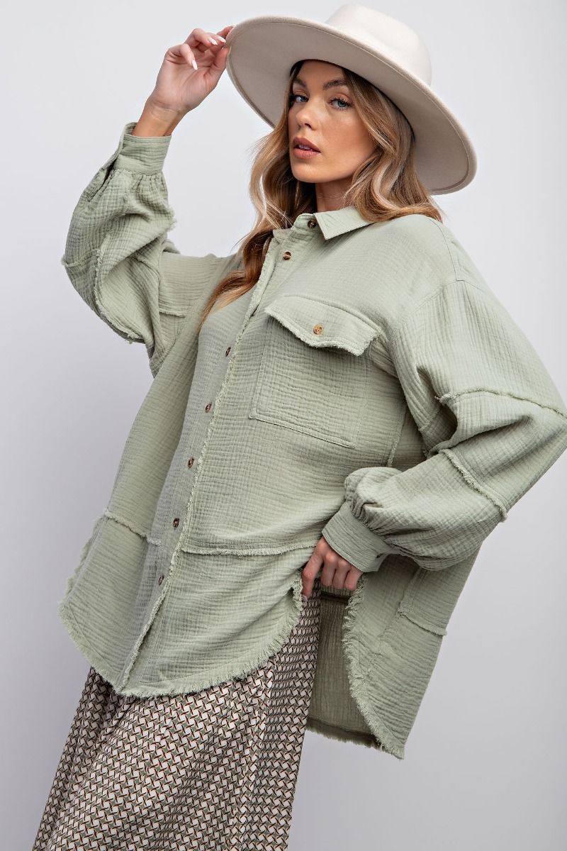 Easel Plus Cotton Gauze Loose Fit Raw Hemline Shirt Tops