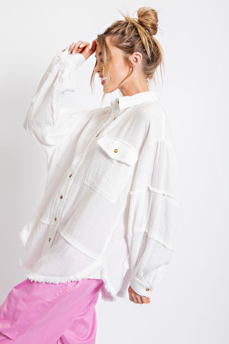 Easel Plus Cotton Gauze Loose Fit Raw Hemline Shirt Tops