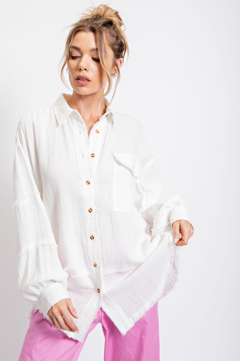 Easel Plus Cotton Gauze Loose Fit Raw Hemline Shirt Tops