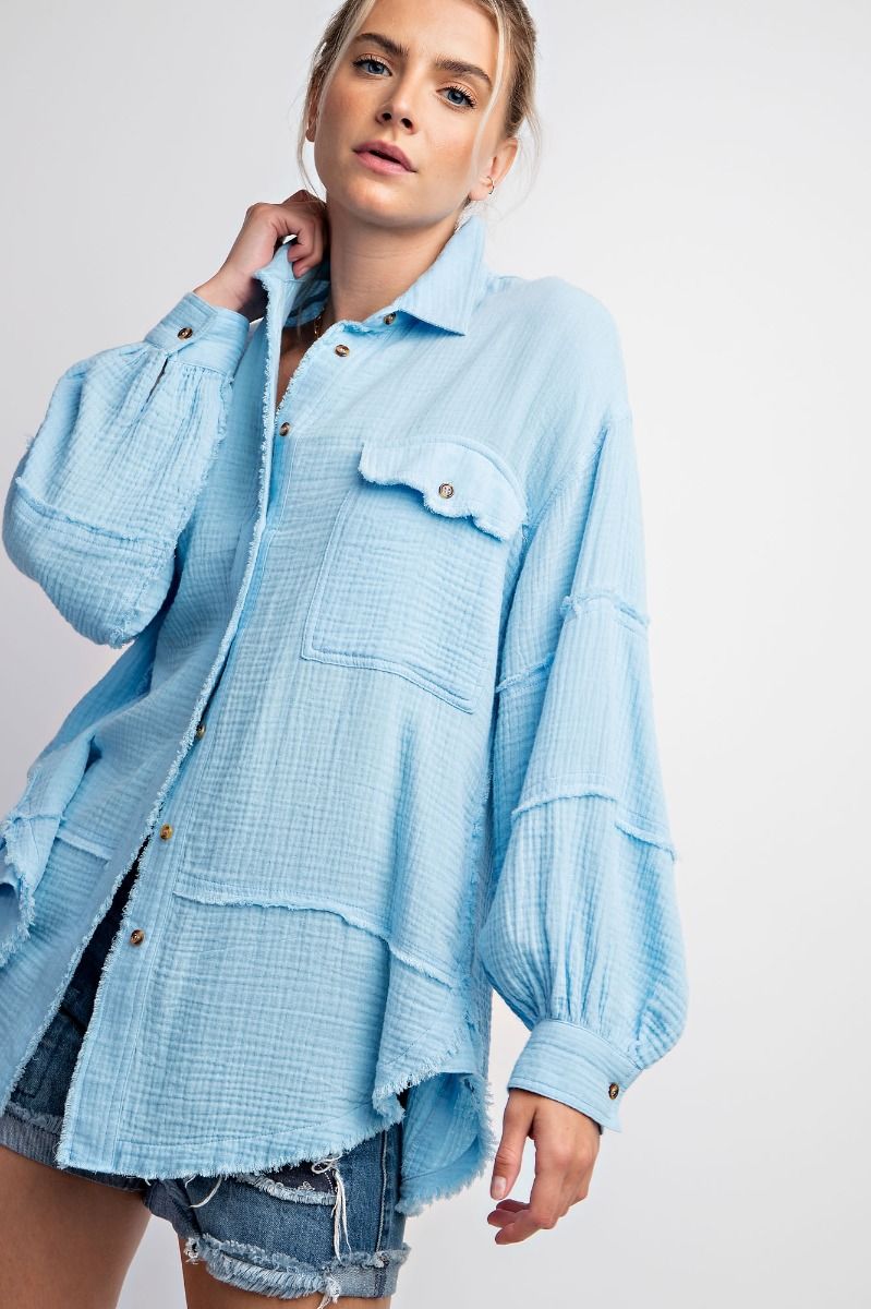 Easel Plus Cotton Gauze Loose Fit Raw Hemline Shirt Tops