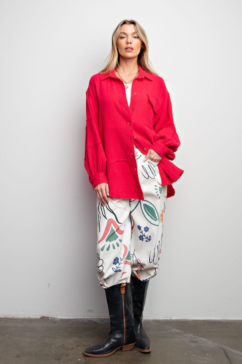 Easel Plus Cotton Gauze Loose Fit Raw Hemline Shirt Tops