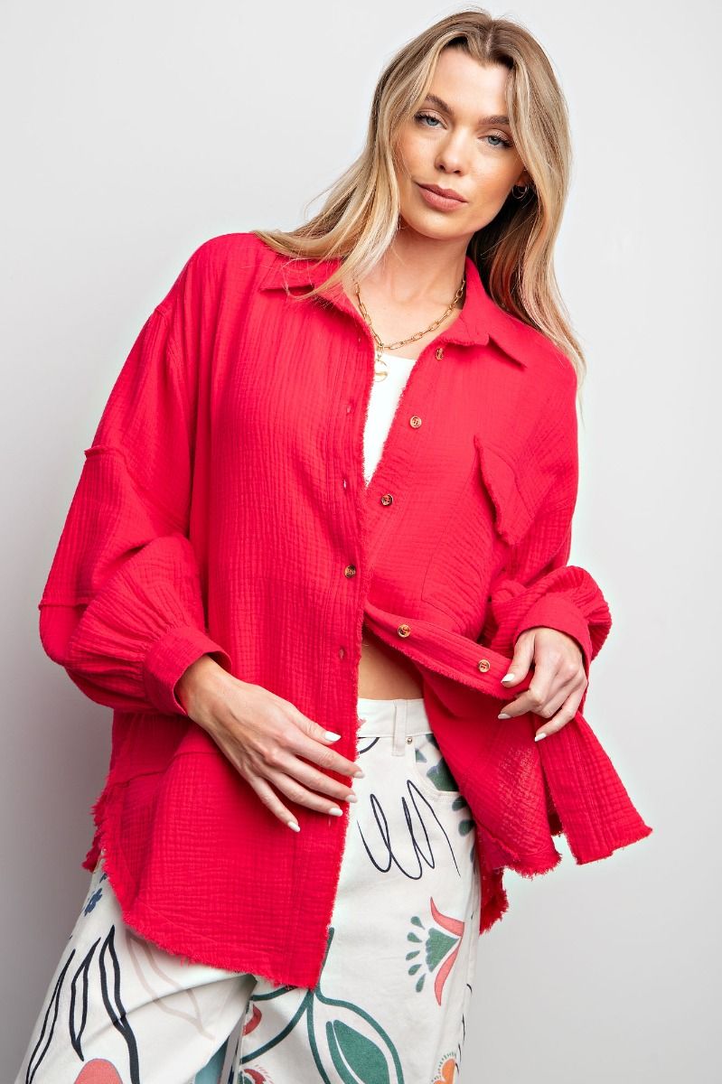 Easel Plus Cotton Gauze Loose Fit Raw Hemline Shirt Tops