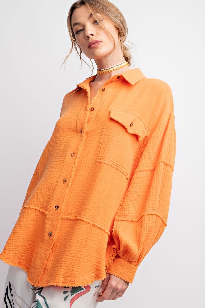 Easel Plus Cotton Gauze Loose Fit Raw Hemline Shirt Tops