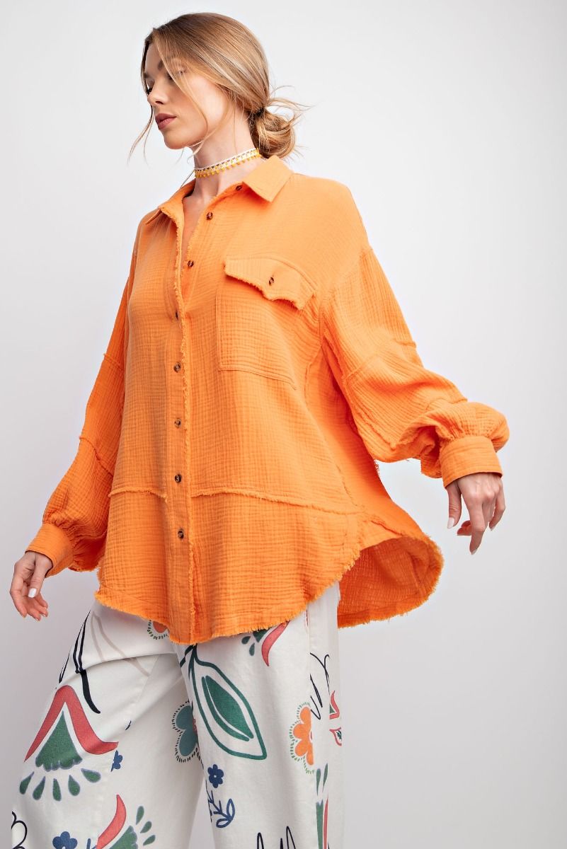 Easel Plus Cotton Gauze Loose Fit Raw Hemline Shirt Tops