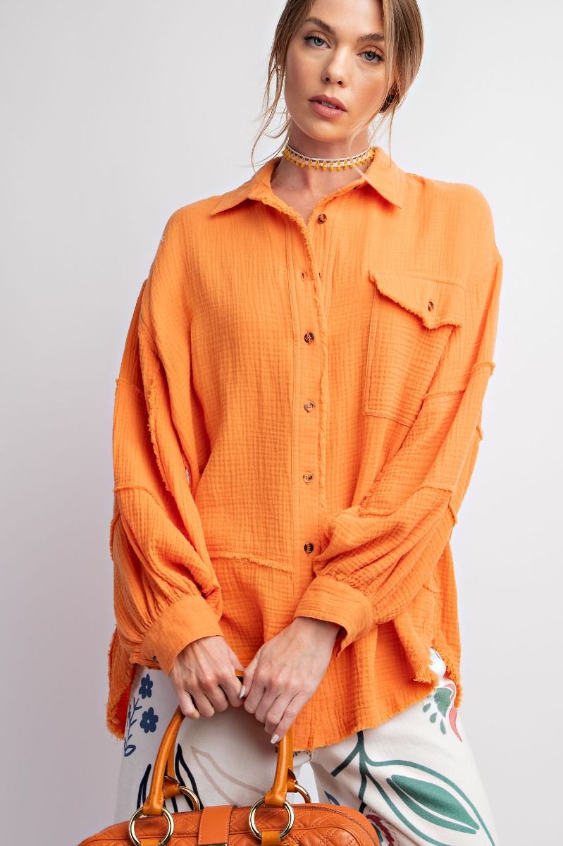 Easel Plus Cotton Gauze Loose Fit Raw Hemline Shirt Tops