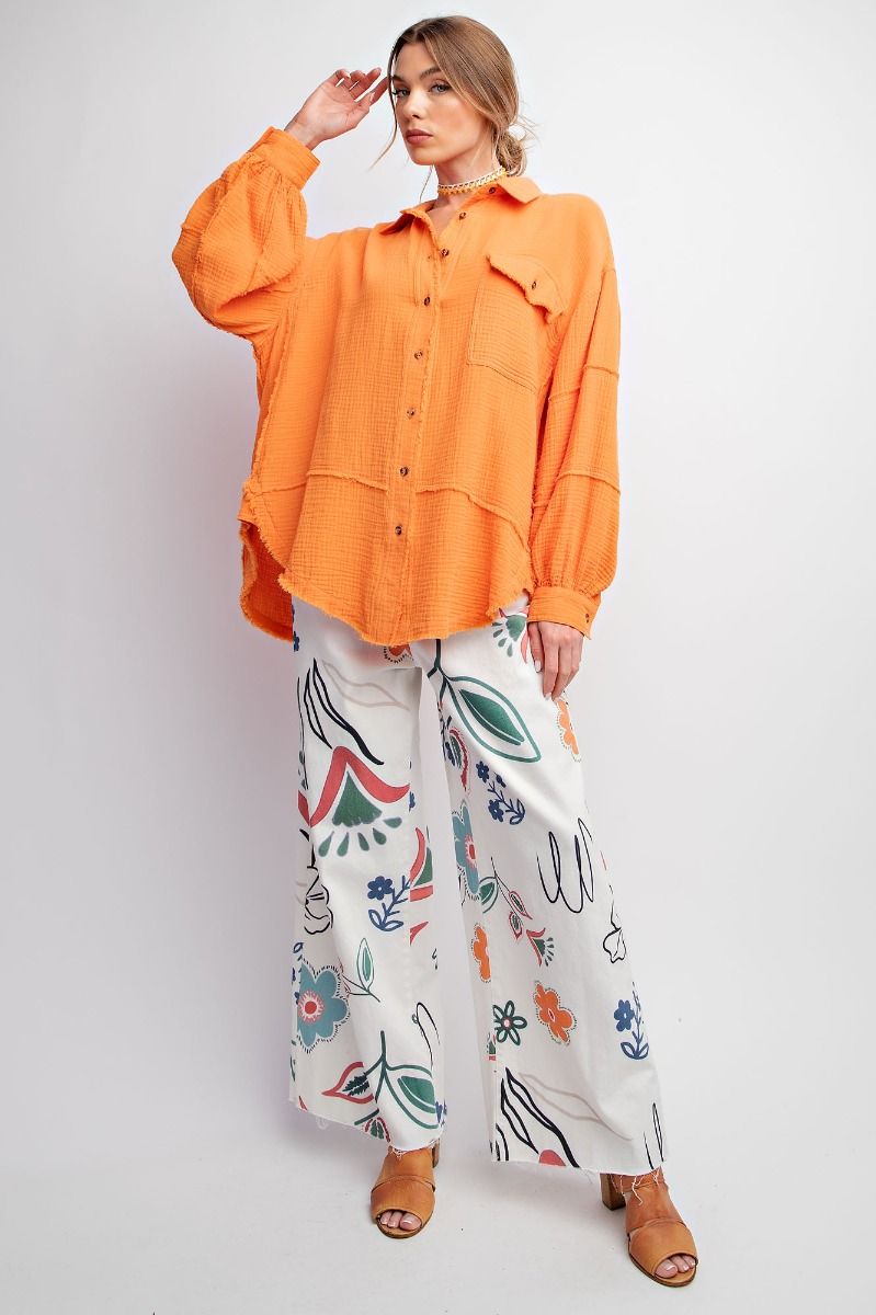 Easel Plus Cotton Gauze Loose Fit Raw Hemline Shirt Tops