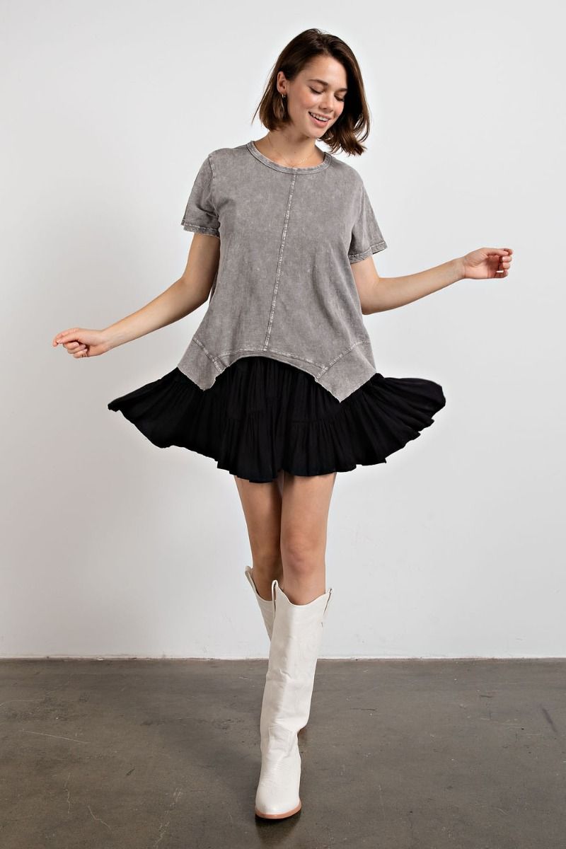 Easel Plus Washed Cotton Slub Shark Bite Bottom Hem Tops