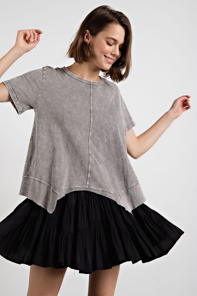 Easel Plus Washed Cotton Slub Shark Bite Bottom Hem Tops