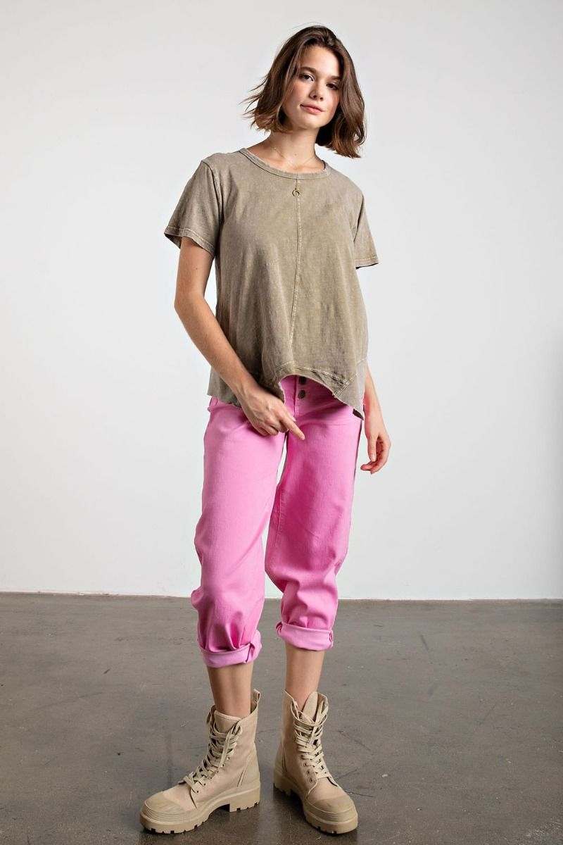 Easel Plus Washed Cotton Slub Shark Bite Bottom Hem Tops