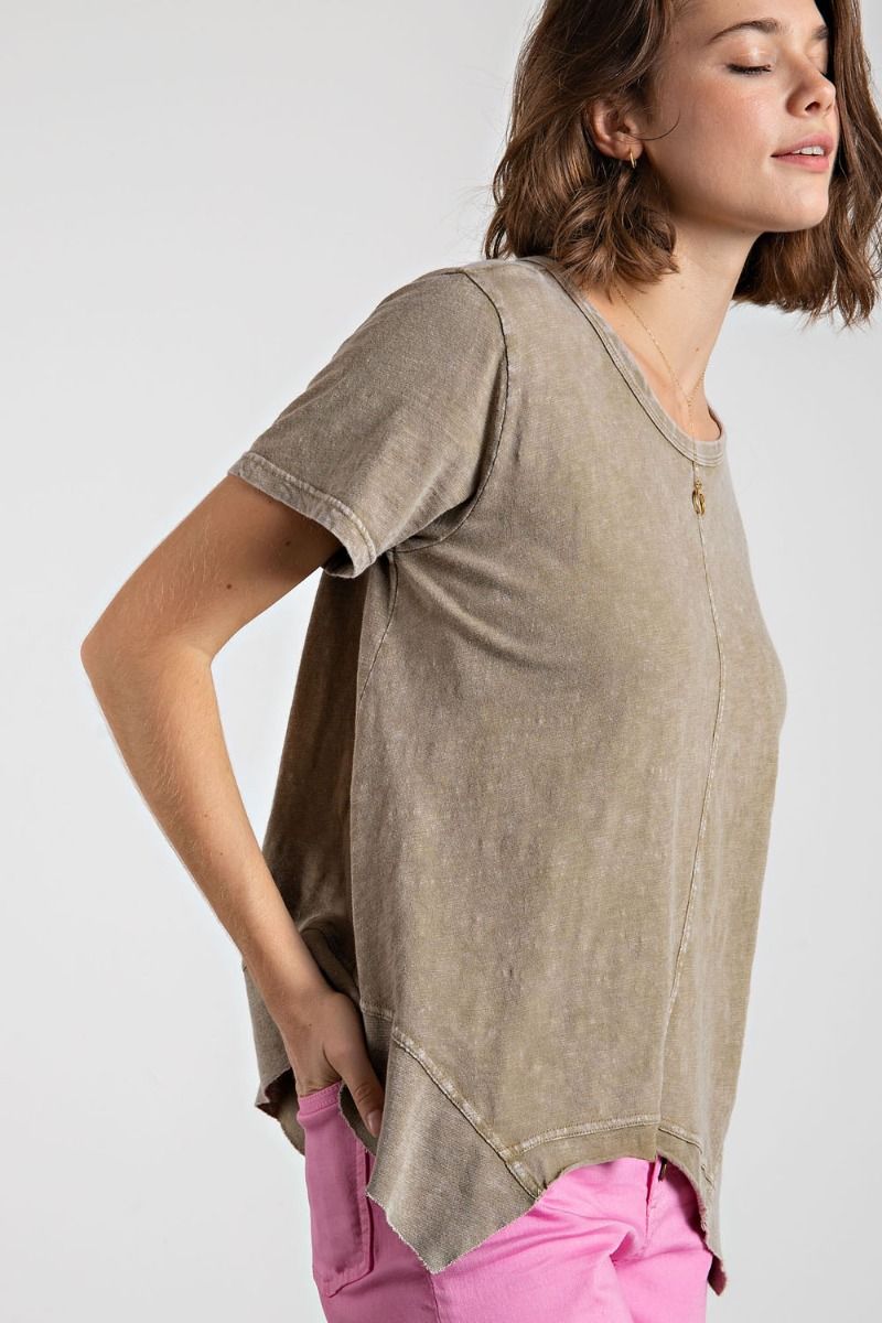 Easel Plus Washed Cotton Slub Shark Bite Bottom Hem Tops