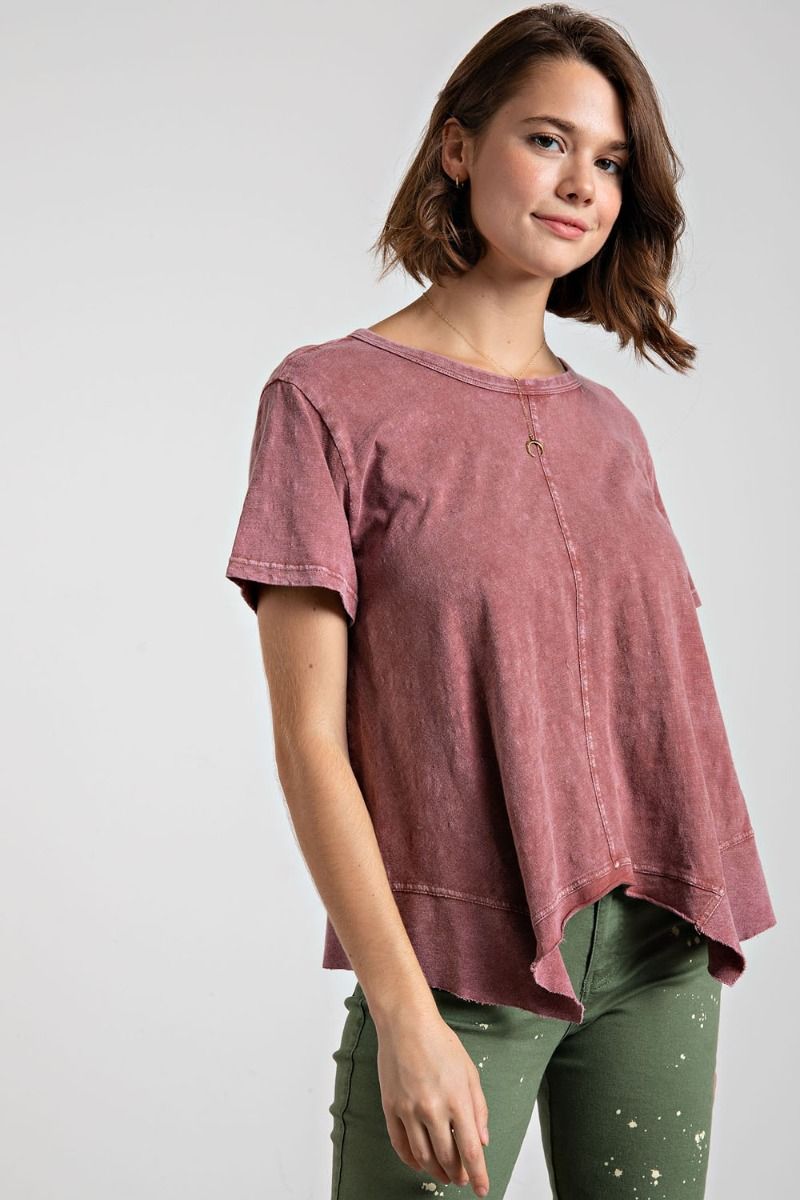 Easel Plus Washed Cotton Slub Shark Bite Bottom Hem Tops