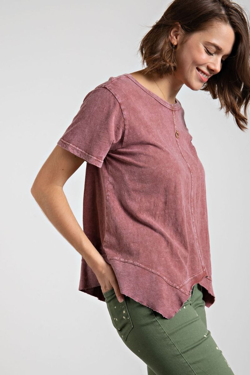 Easel Plus Washed Cotton Slub Shark Bite Bottom Hem Tops