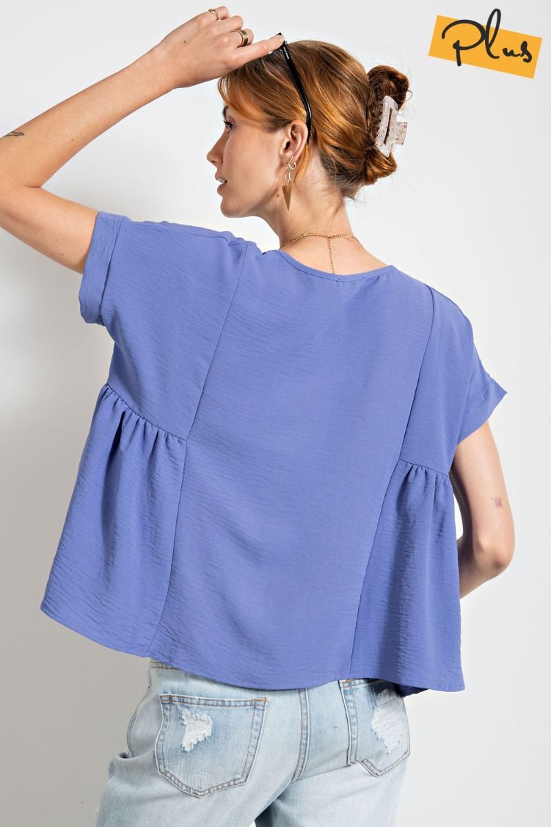 Easel Plus Pleated Short Sleeves Crinkled Loose Fit Tops