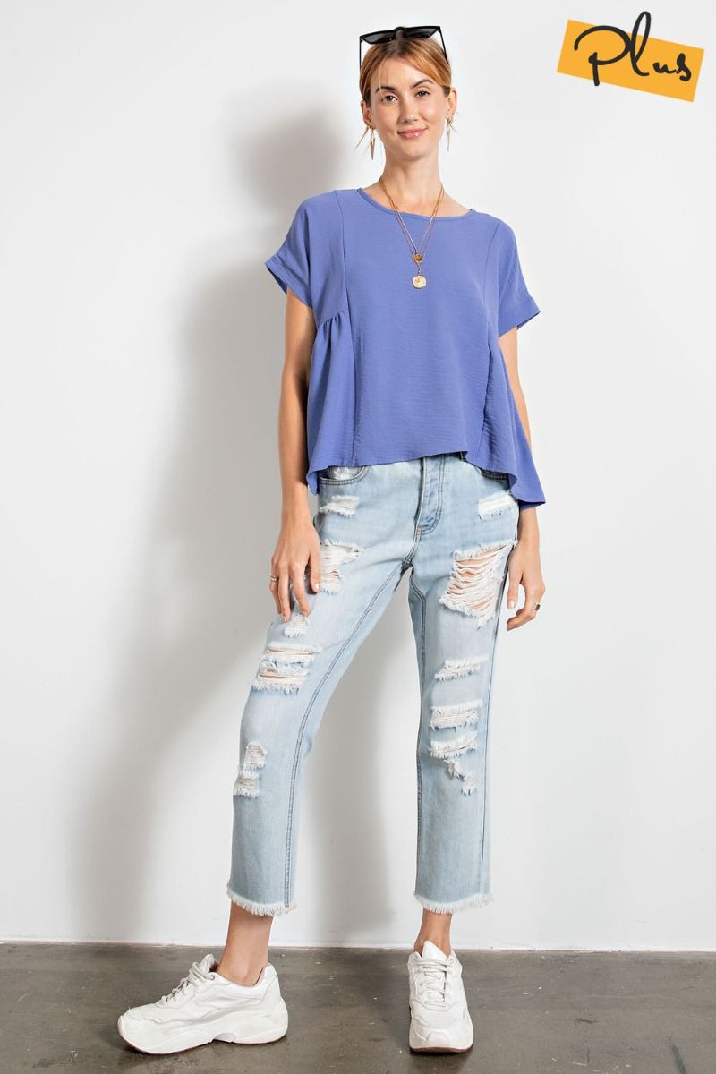 Easel Plus Pleated Short Sleeves Crinkled Loose Fit Tops