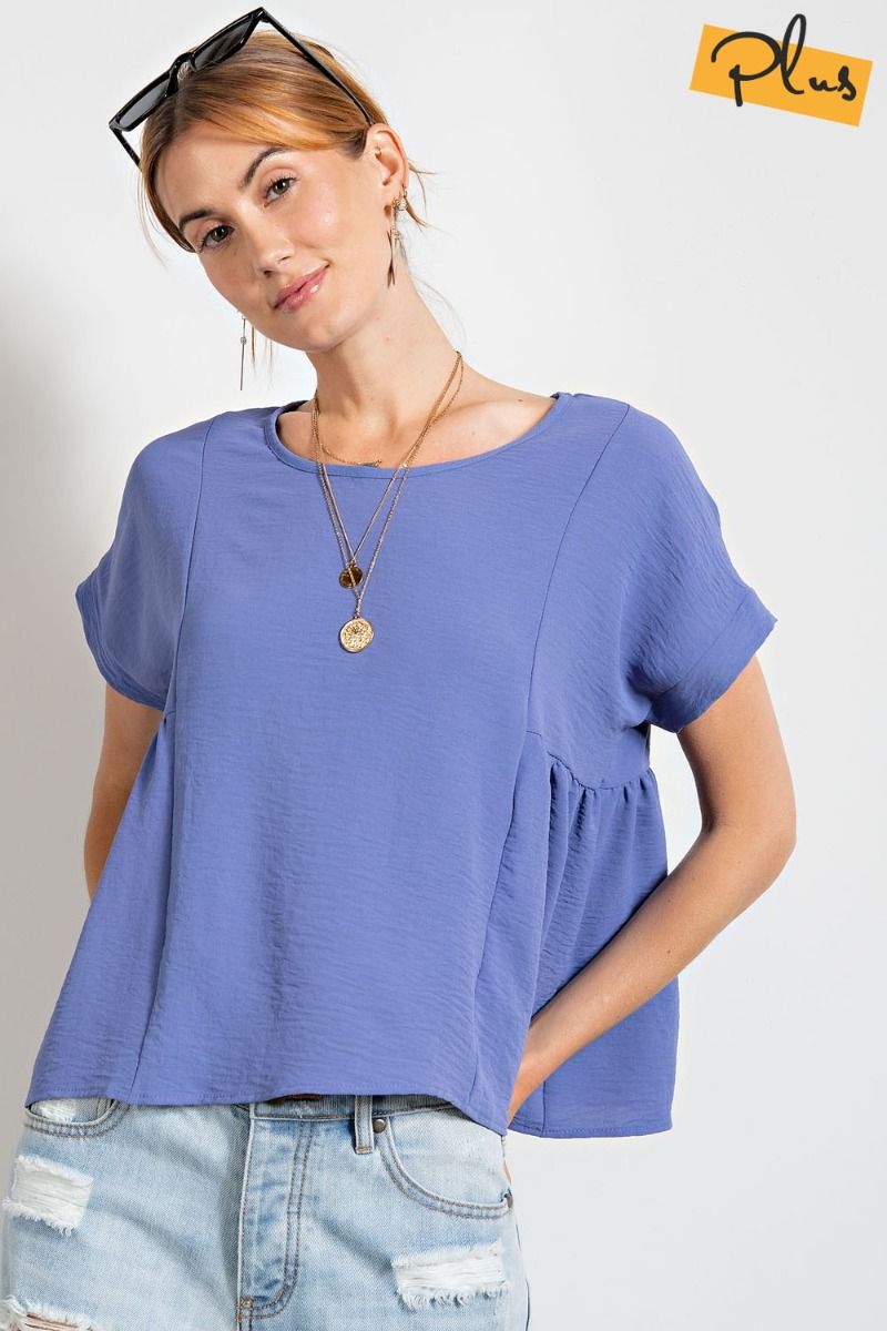 Easel Plus Pleated Short Sleeves Crinkled Loose Fit Tops
