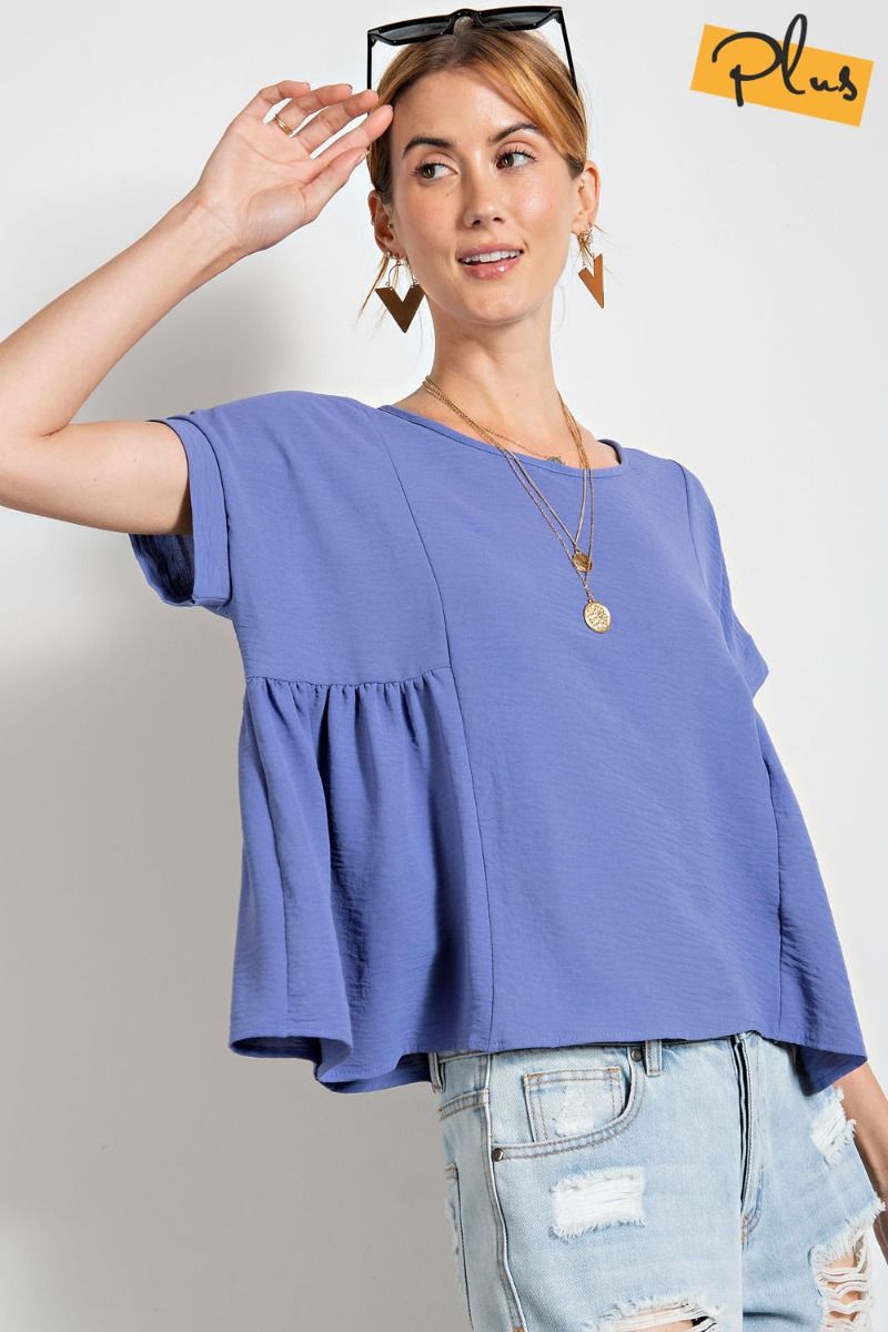 Easel Plus Pleated Short Sleeves Crinkled Loose Fit Tops