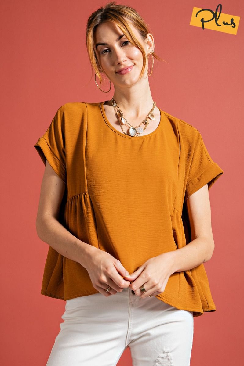 Easel Plus Pleated Short Sleeves Crinkled Loose Fit Tops