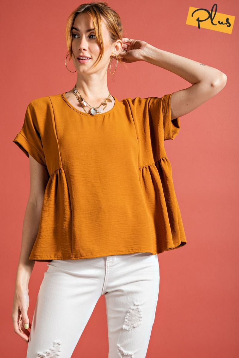 Easel Plus Pleated Short Sleeves Crinkled Loose Fit Tops