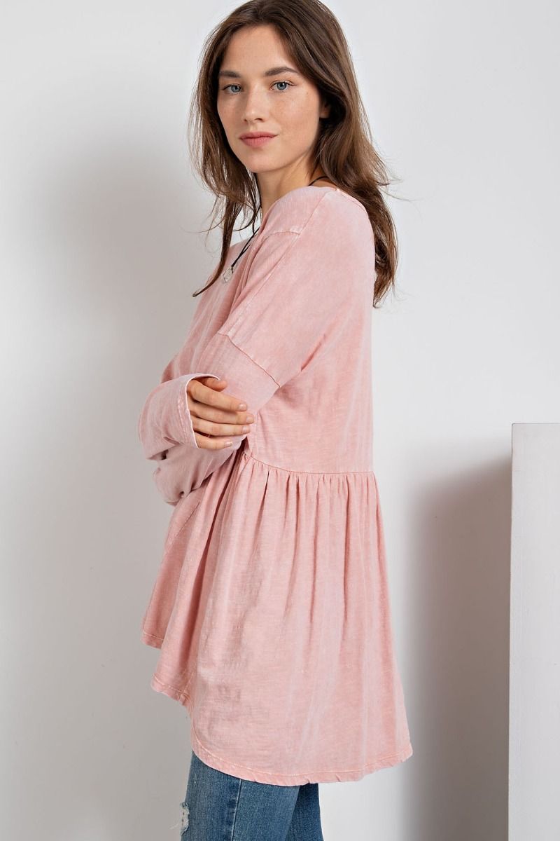 Easel Plus Washed Cotton Rounded Neck Tunic Tops