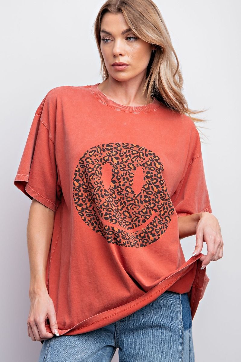 Easel Plus Happy Face Print Washed Cotton Tops