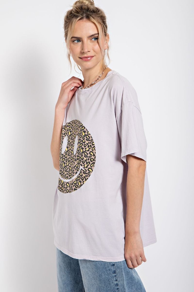 Easel Plus Happy Face Print Washed Cotton Tops