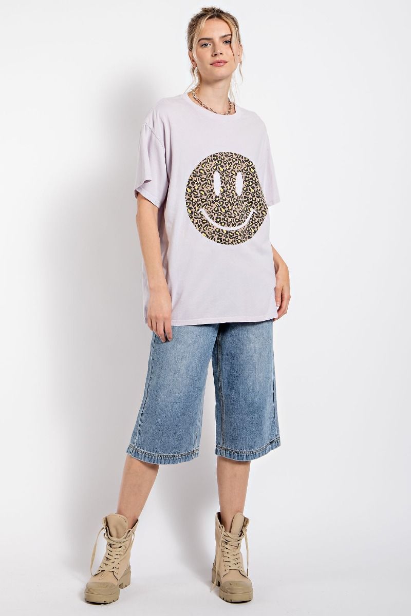 Easel Plus Happy Face Print Washed Cotton Tops