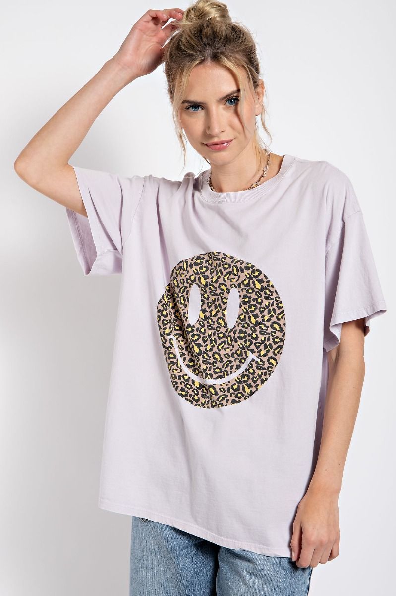 Easel Plus Happy Face Print Washed Cotton Tops