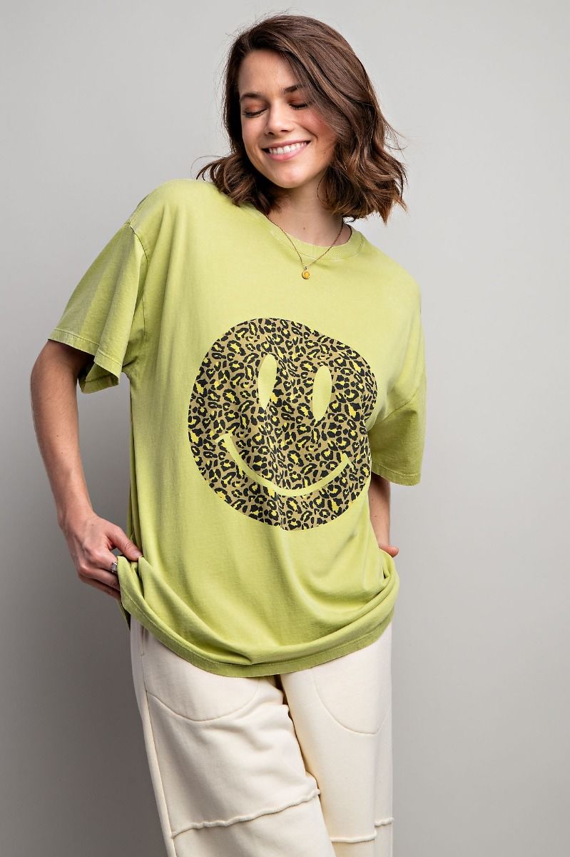 Easel Plus Happy Face Print Washed Cotton Tops