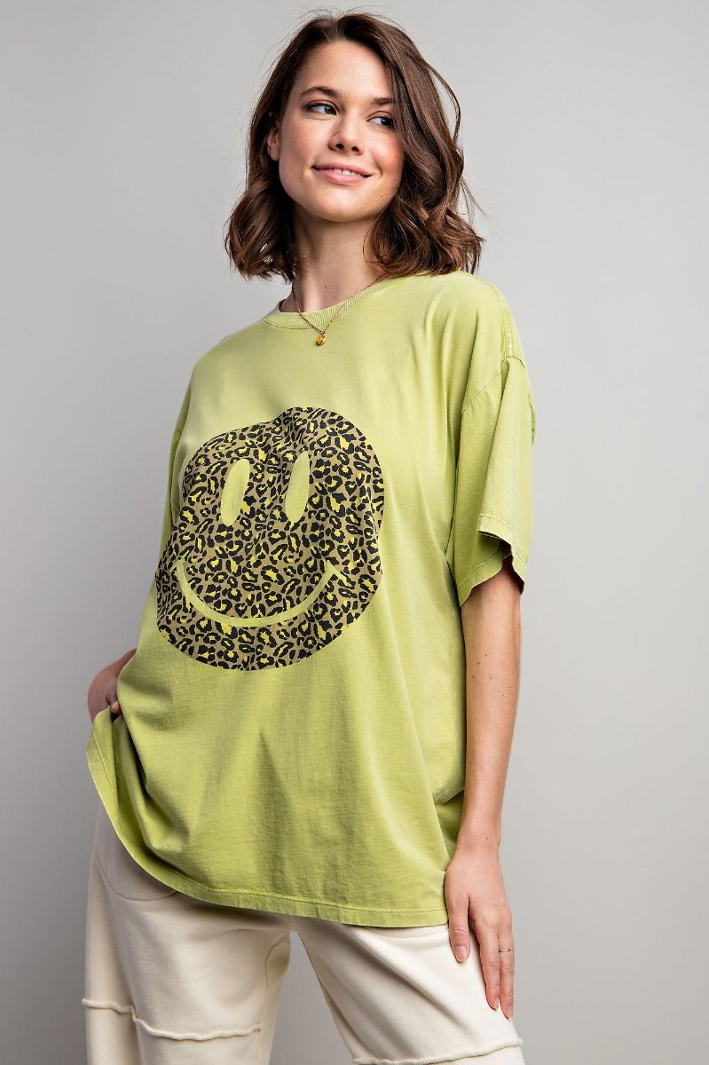 Easel Plus Happy Face Print Washed Cotton Tops