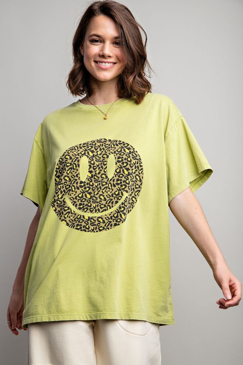 Easel Plus Happy Face Print Washed Cotton Tops