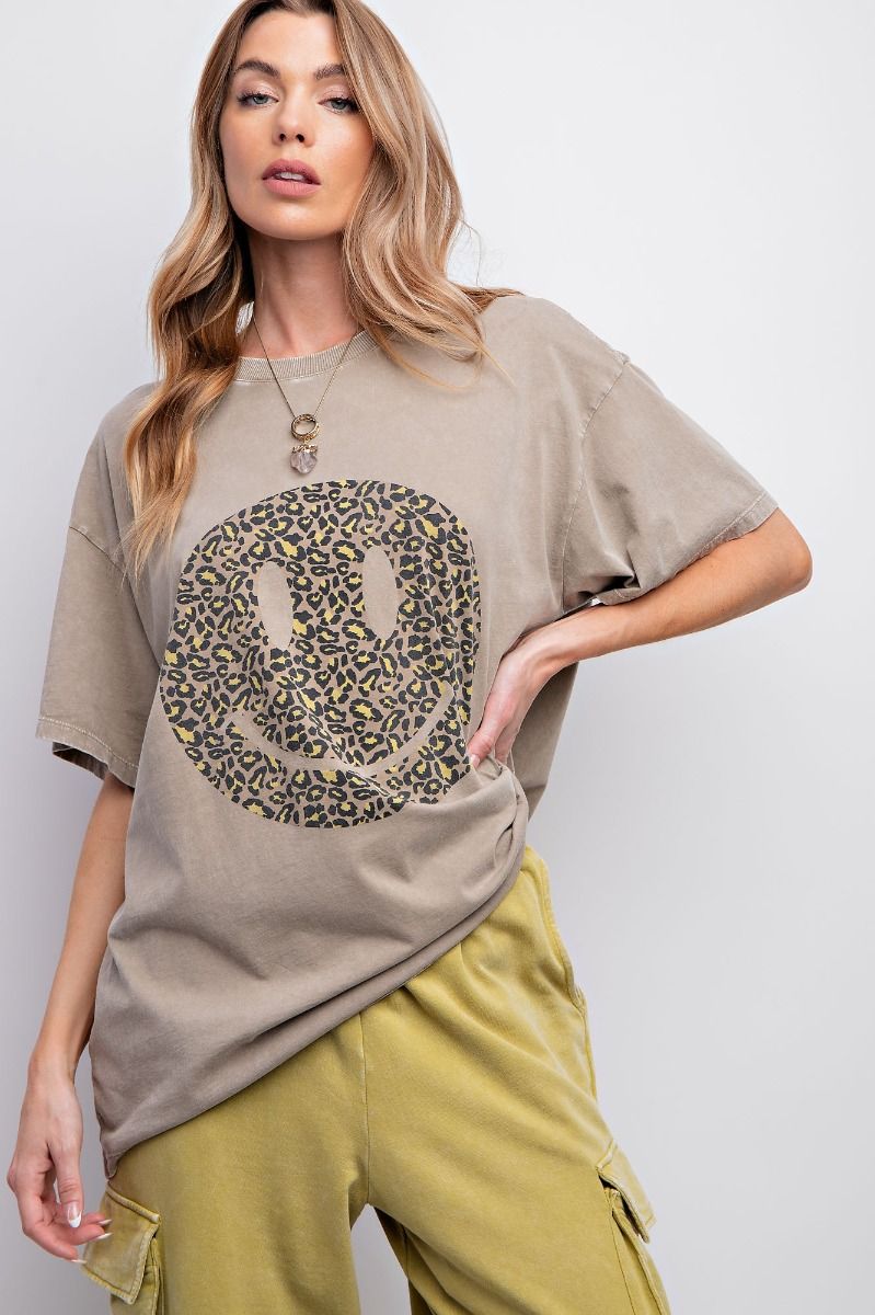 Easel Plus Happy Face Print Washed Cotton Tops