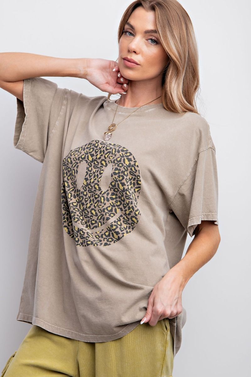 Easel Plus Happy Face Print Washed Cotton Tops