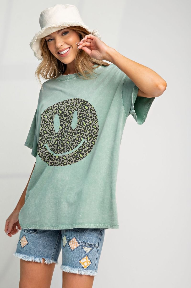 Easel Plus Happy Face Print Washed Cotton Tops