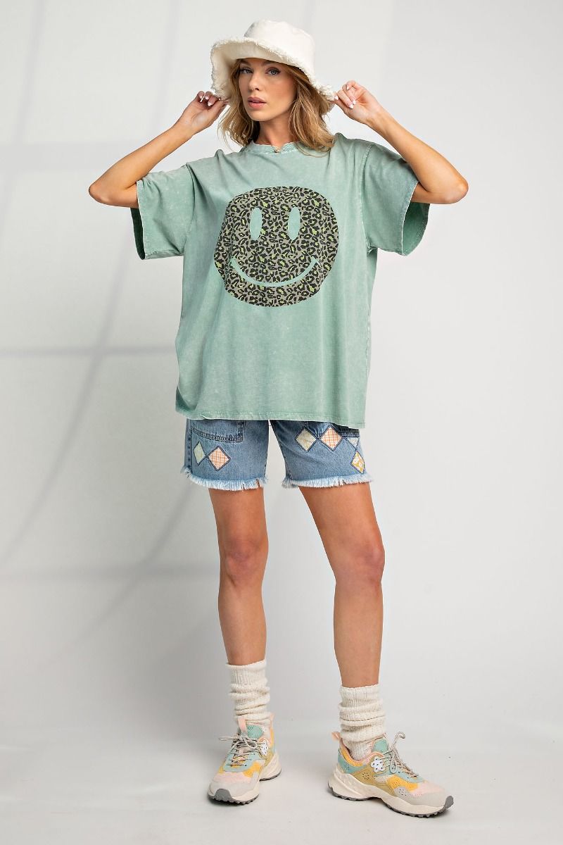Easel Plus Happy Face Print Washed Cotton Tops