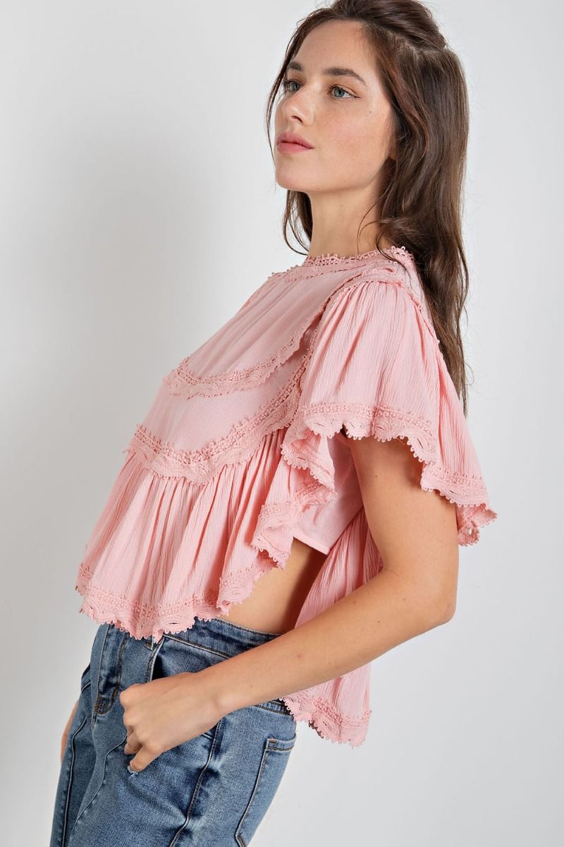 Easel Plus Ruffled Crop Wing Sleeves Crochet Trim Tops