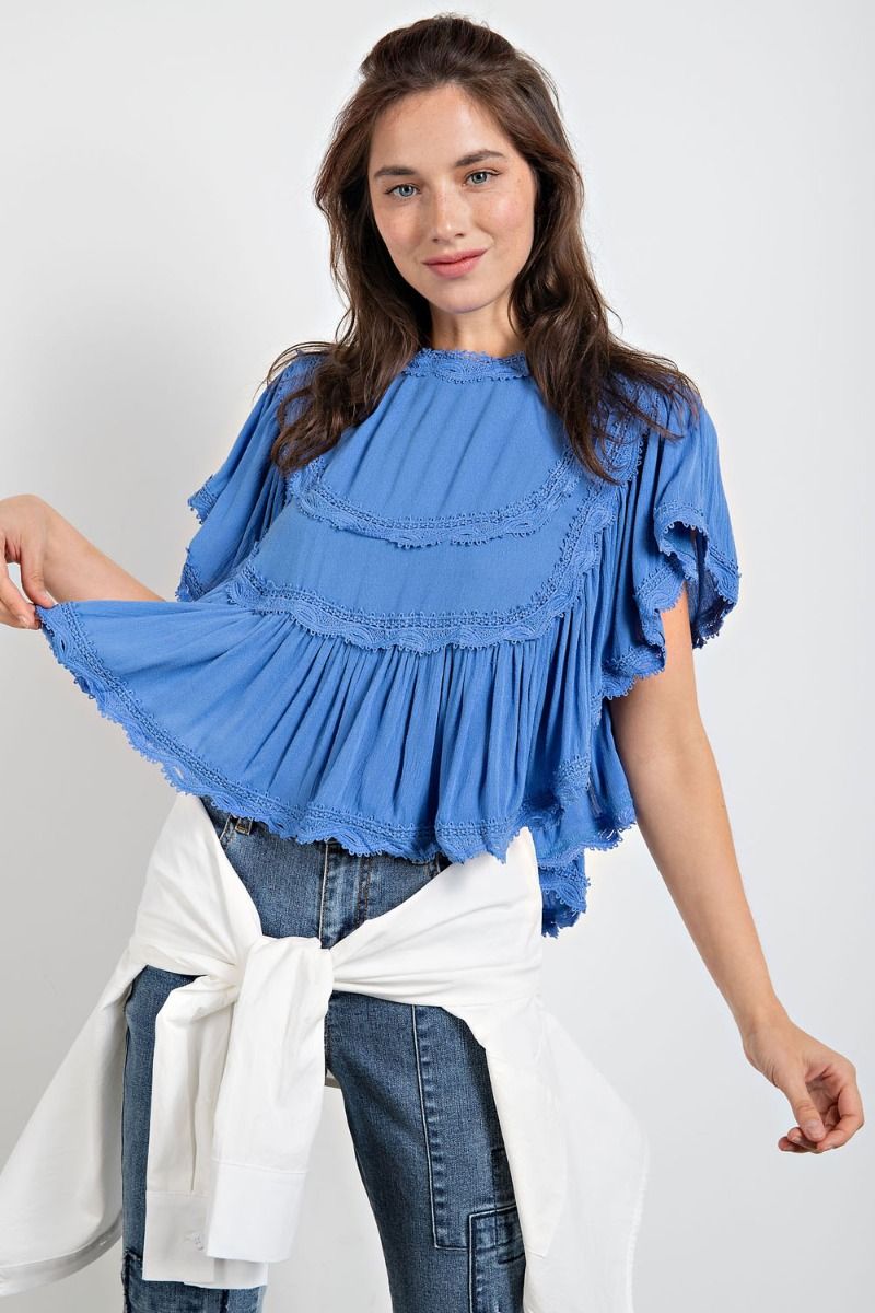Easel Plus Ruffled Crop Wing Sleeves Crochet Trim Tops