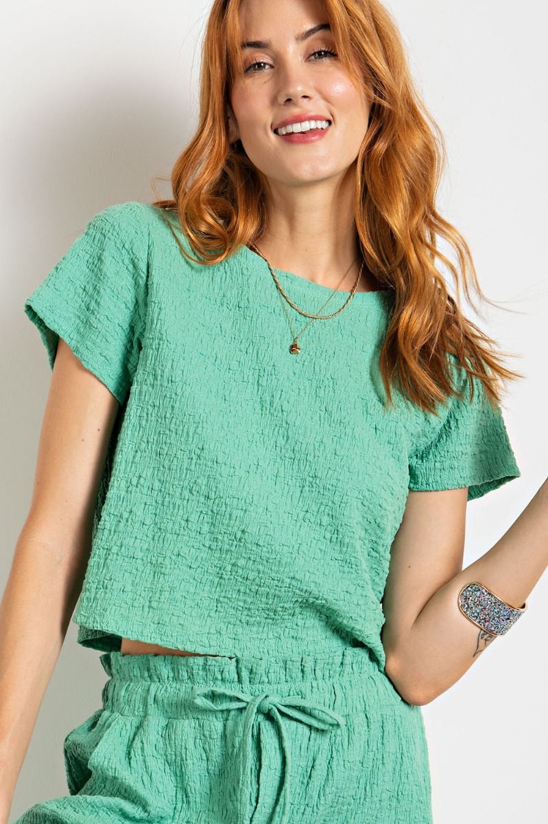 Easel Plus Crew Neck Relaxed Textured Woven Tops